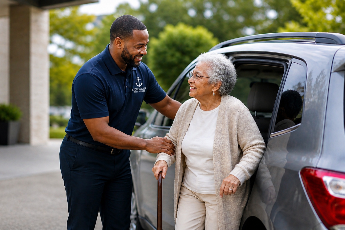 Stone Anchor Care Services assisting senior client with safe non-emergency medical transportation in Atlanta Georgia 