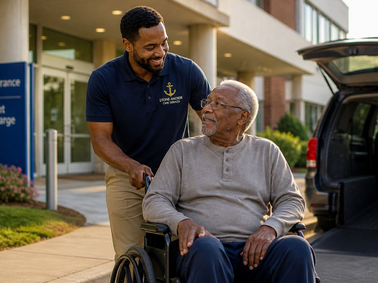 Stone Anchor Care Services assisting senior client with safe non-emergency medical transportation in Atlanta Georgia 